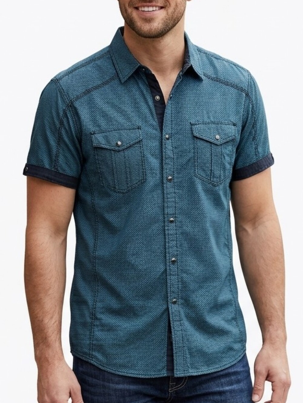 BKE Men's Short Sleeve Button Up Shirt Large Standard Fit Herringbone Teal Black